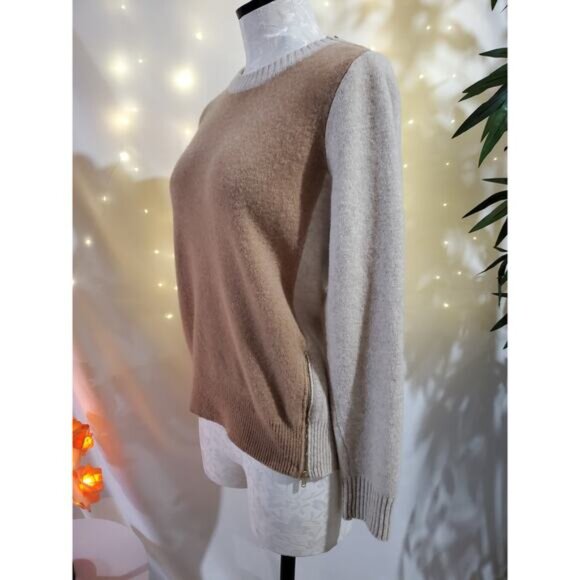 J. Crew Womens Double Zip 100% Wool Neutral Tan Colorblock Knit Sweater Size S - Picture 2 of 12